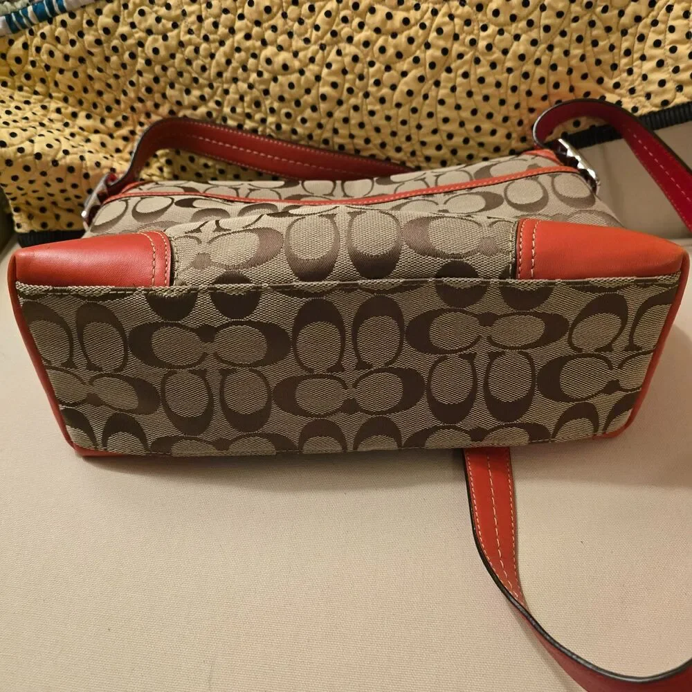 Coach Hampton Signature Flap Orange Leather Trim and Tan Crossbody Bag - Picture 3 of 9